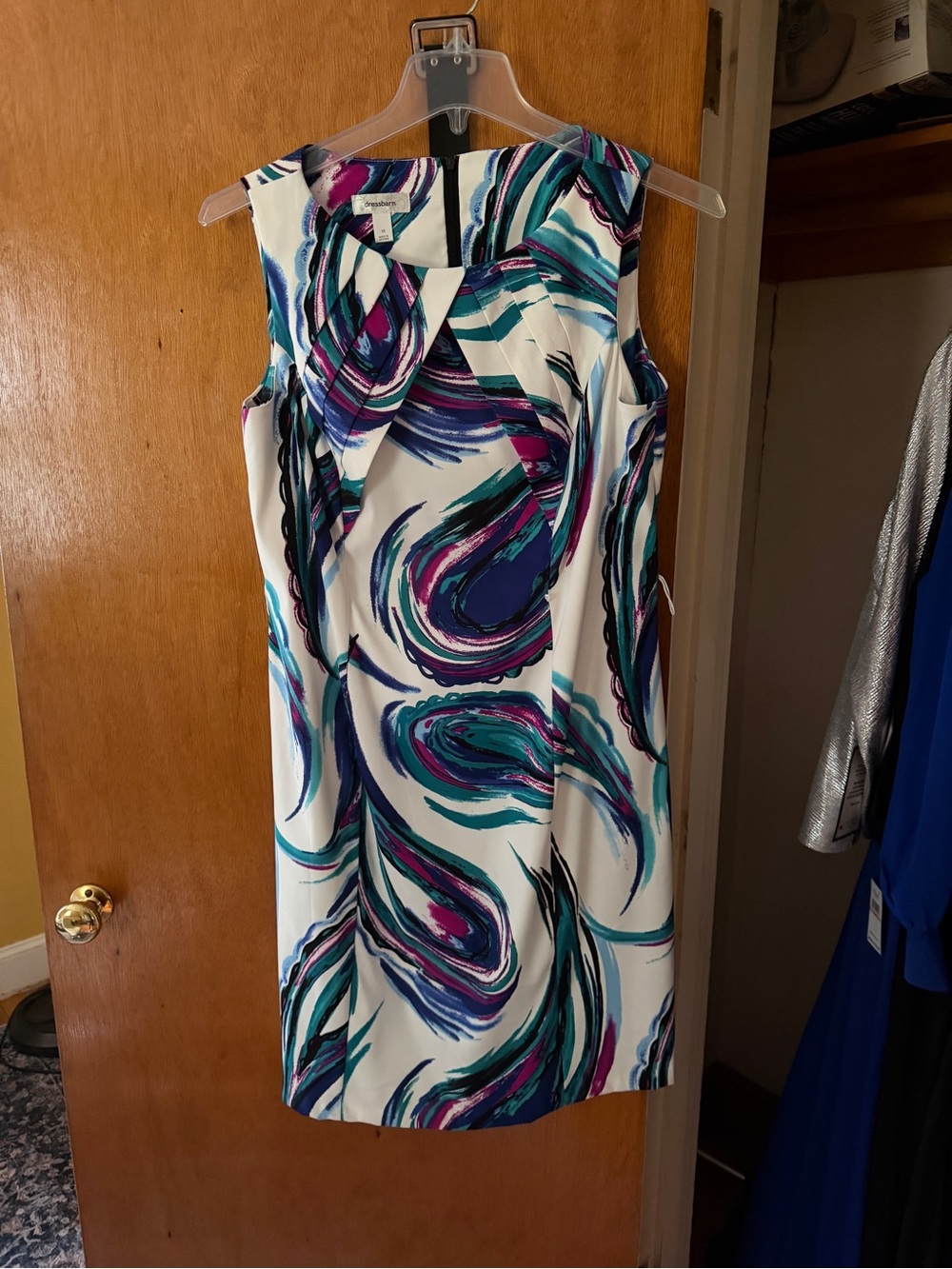 dressbarn Sleeveless Sheath Dress in White with Blue, Teal & Purple Swirls